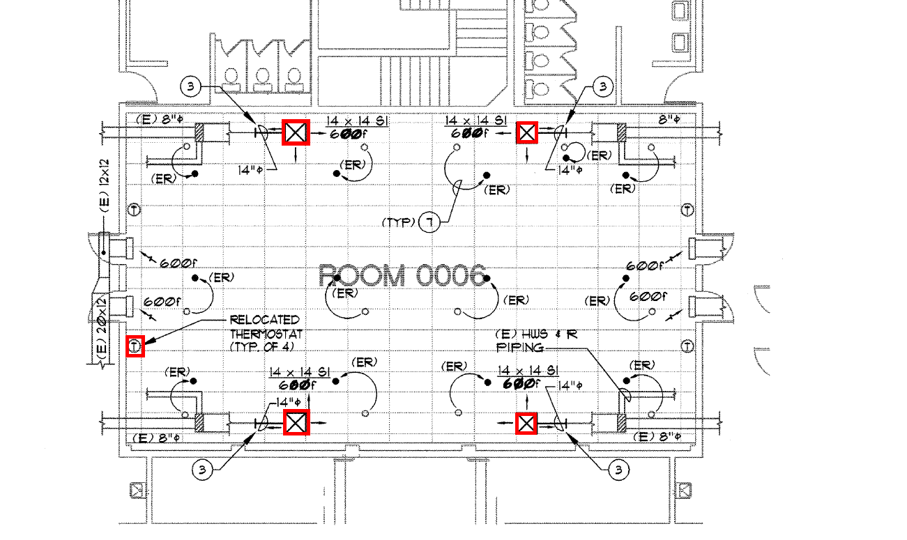 Hand-annotated seating plan with relocated thermostat