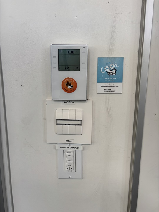 VAV control panel with HOT and I'm COOL stickers